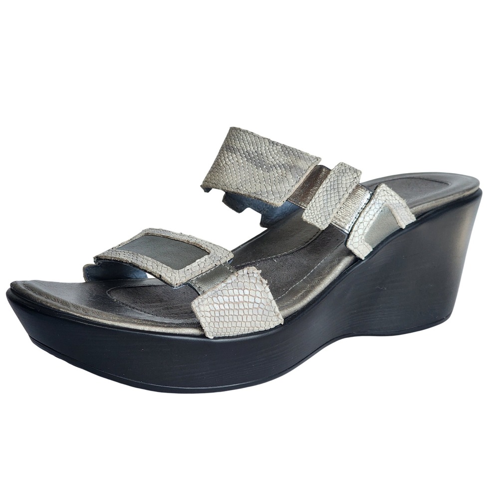 Naot Treasure Metallic Snakeskin Embossed Leather Wedge Sandals Silver Grey 40